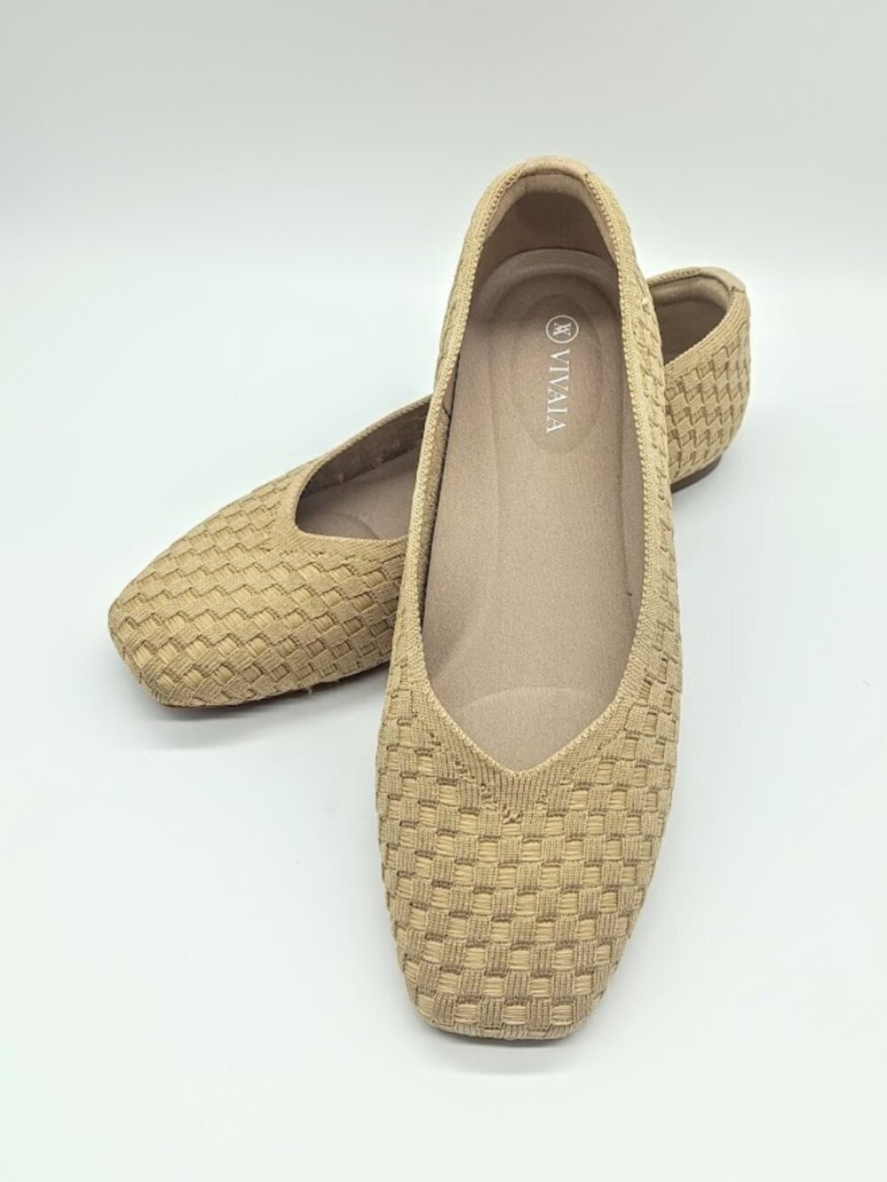 Vivaia Tan Margot Square-Toe V-Cut Woven Flats